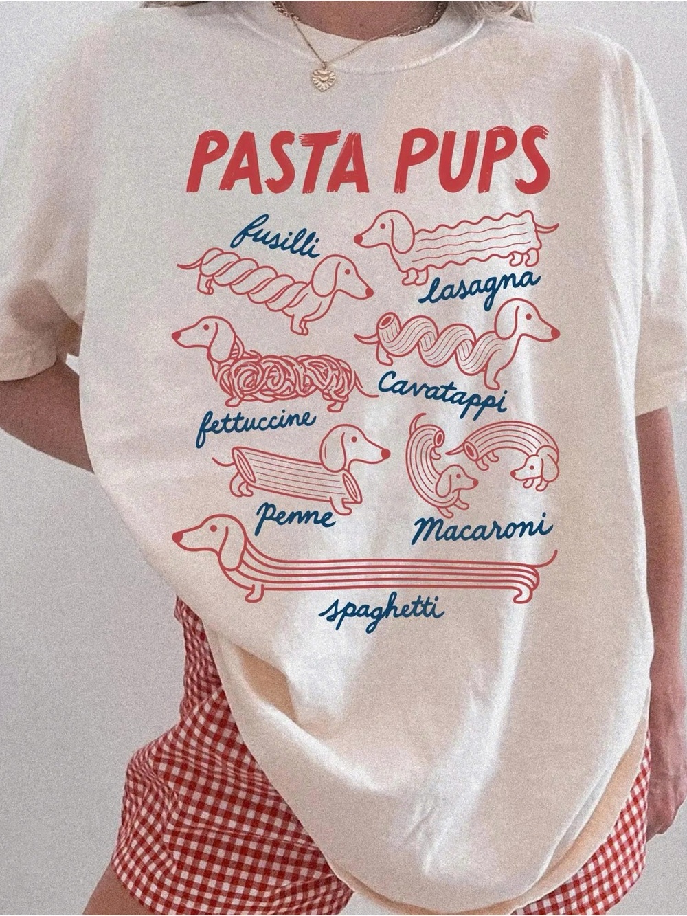 Pasta Pups Graphic Dog T-Shirt - Cream with Red & Blue Print